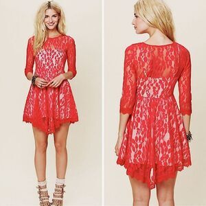 Free People Floral Lace Mesh Dress Red Size 2 Party Vacation Boho